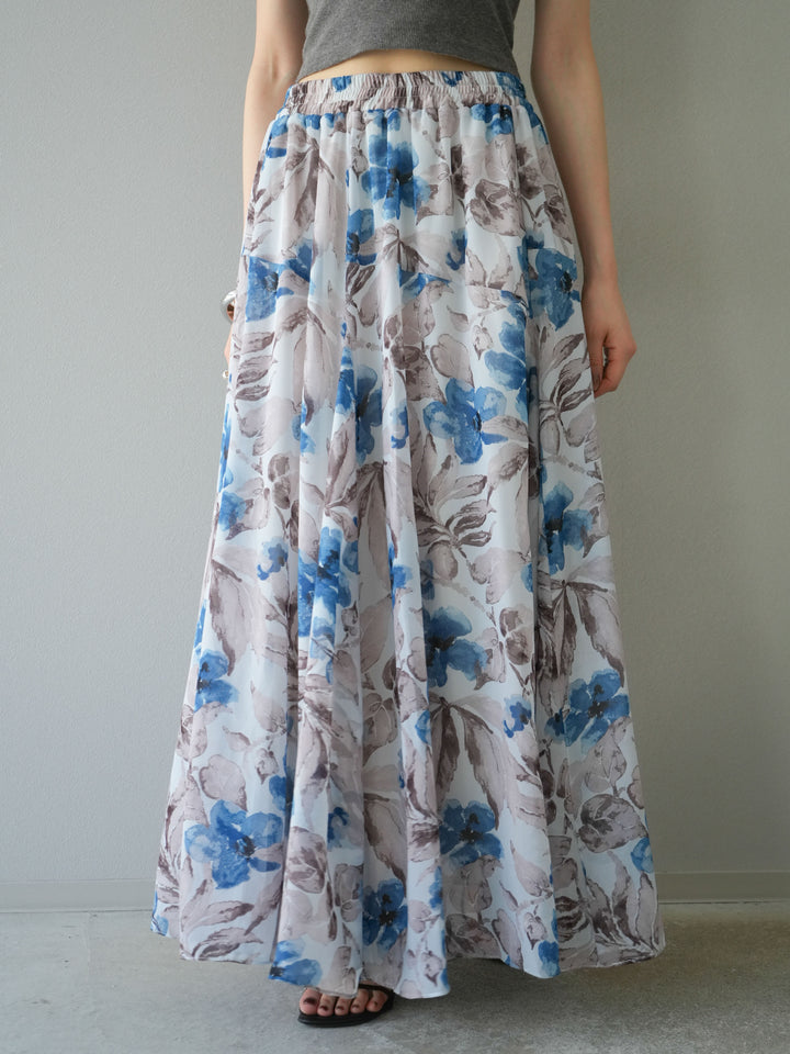[予約]フラワープリントボリュームフレアスカート/ブルー