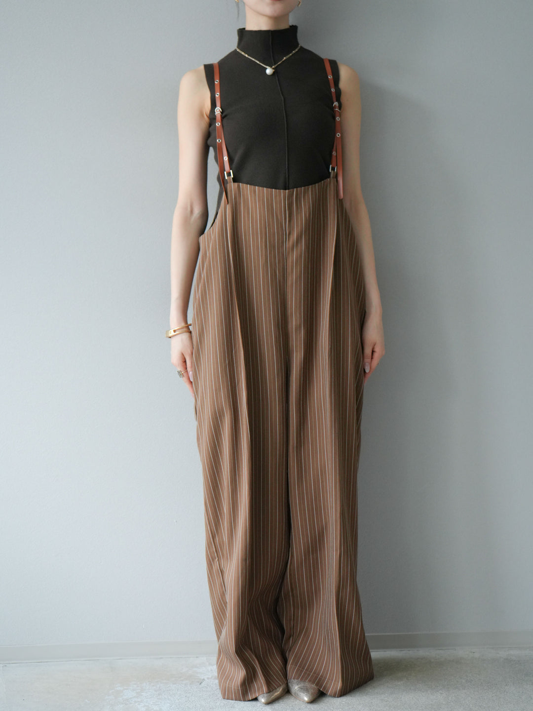 [予約]ヘリンボーンストライプサロペット/ブラウン