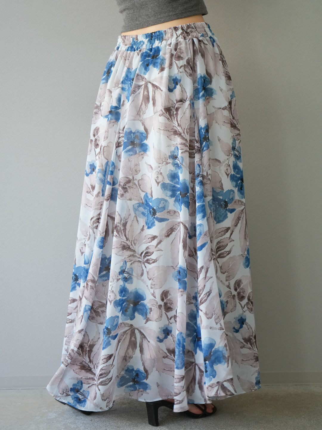 [予約]フラワープリントボリュームフレアスカート/ブルー