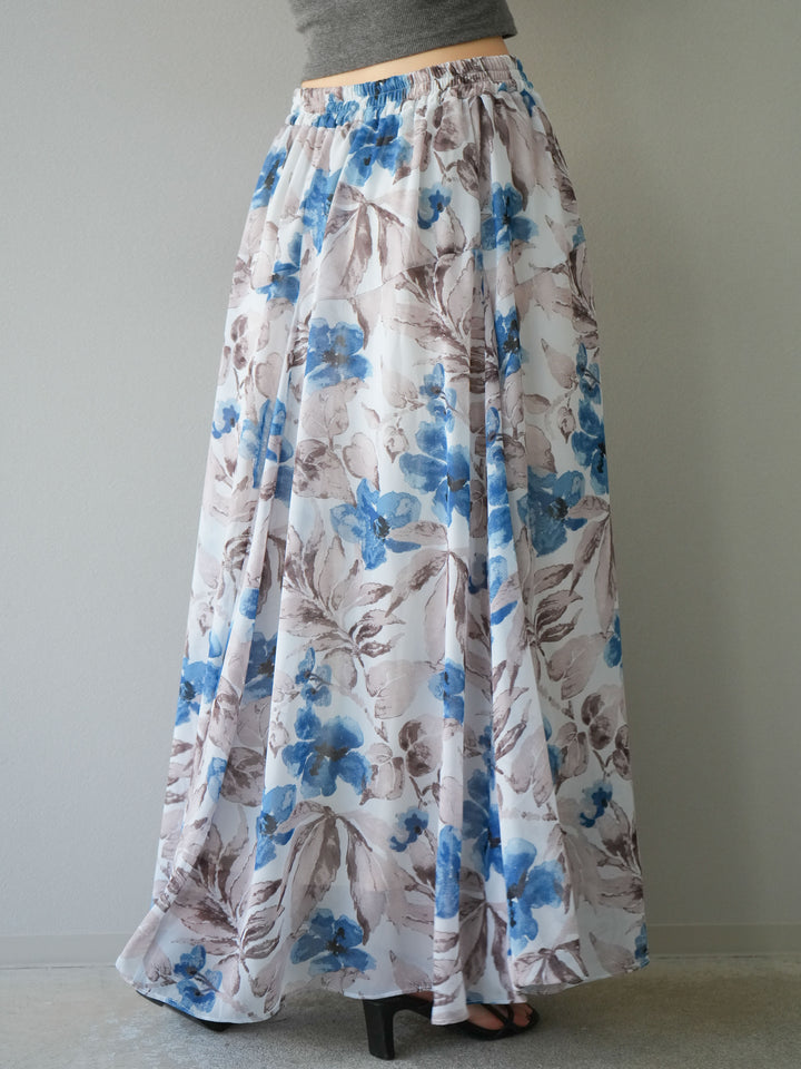 [予約]フラワープリントボリュームフレアスカート/ブルー