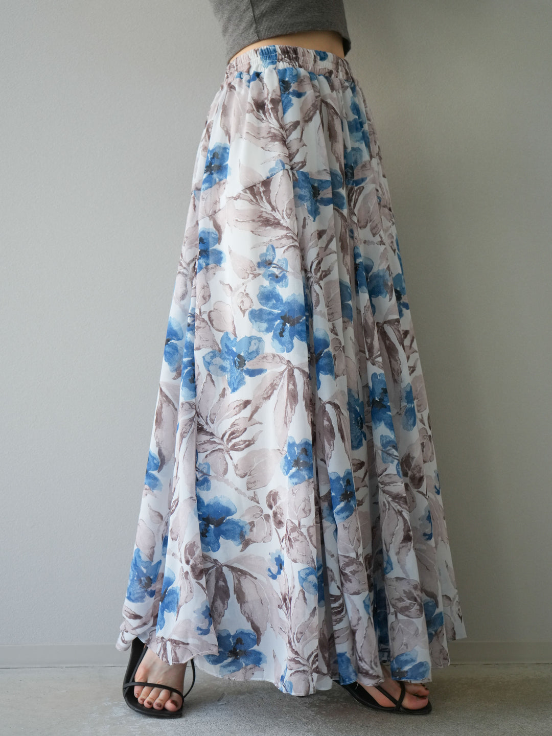 [予約]フラワープリントボリュームフレアスカート/ブルー