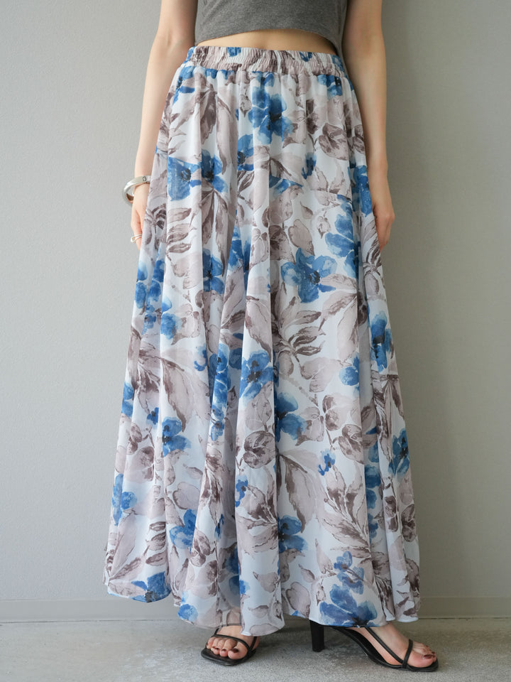 [予約]フラワープリントボリュームフレアスカート/ブルー