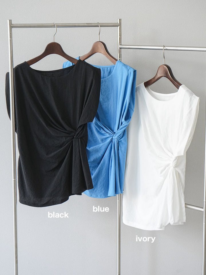 [SET] 側扭法式上衣+植物圖案休閒褲+繩繡薄紗疊穿褲（3件套裝）