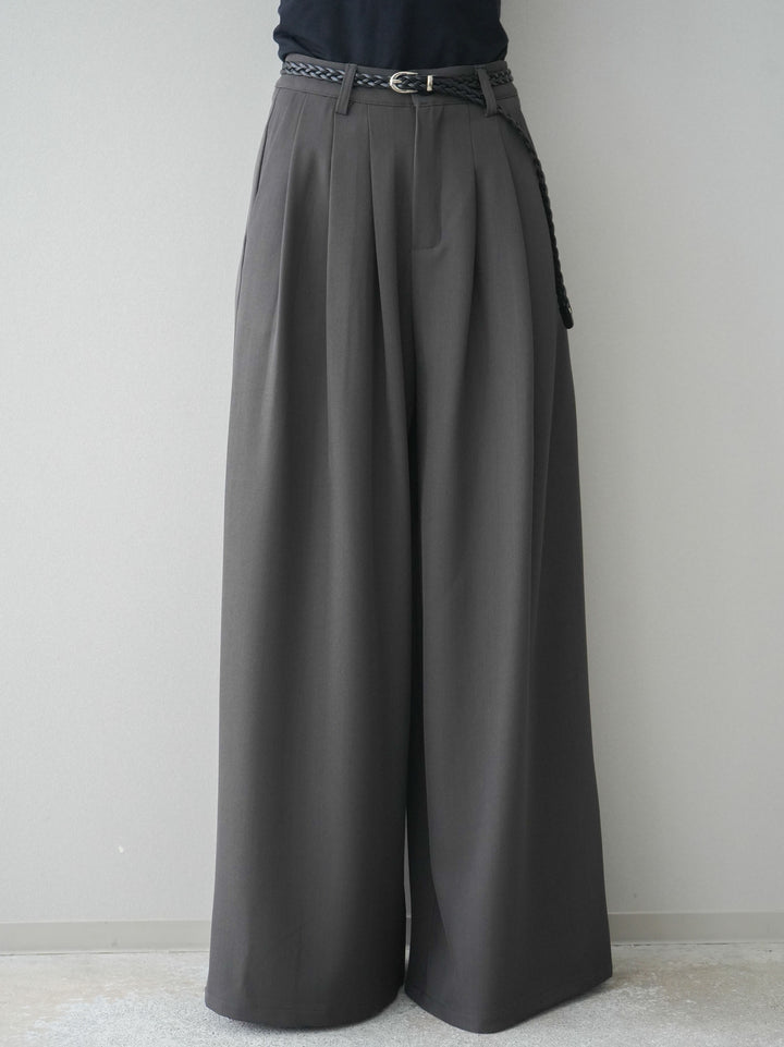 [予約]編み込みベルト付タックワイドパンツ/gray