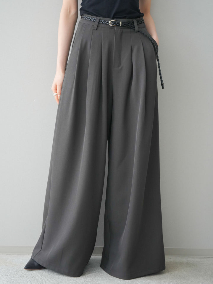 [予約]編み込みベルト付タックワイドパンツ/gray