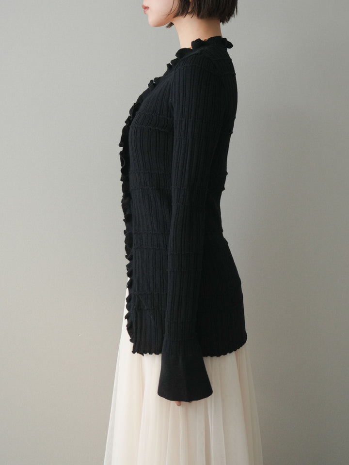 [予約]フロントフリルリブニットカーディガン/black