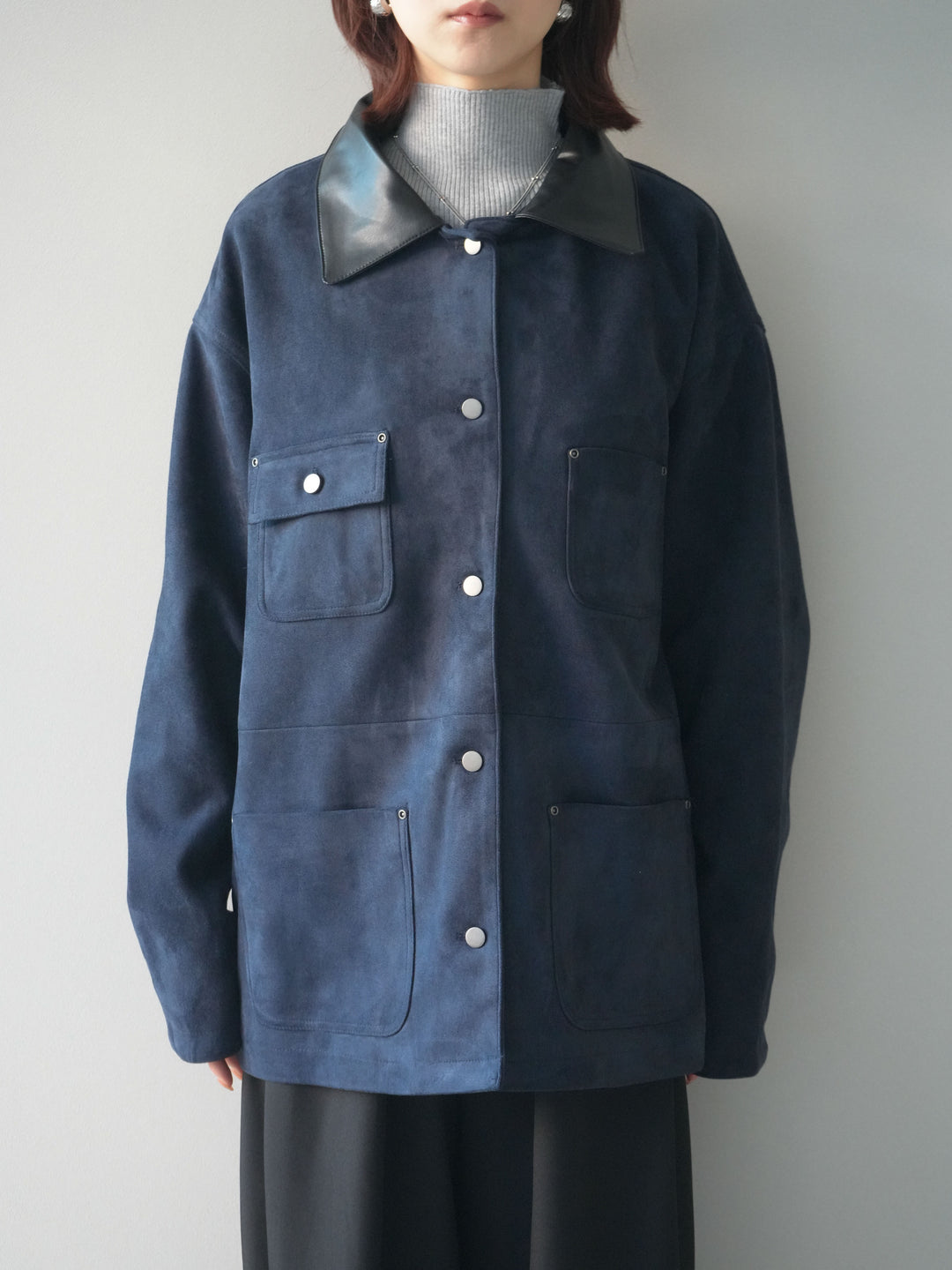 [予約]襟レザーステンカラースエードジャケット/navy