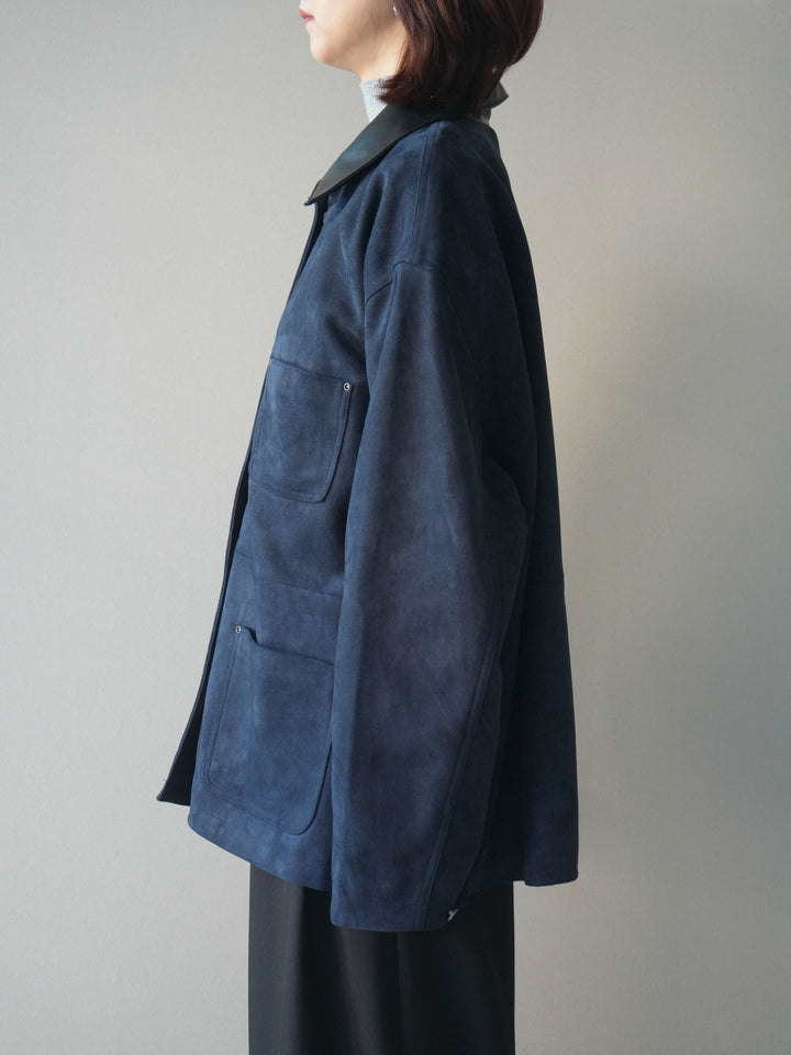 [予約]襟レザーステンカラースエードジャケット/navy