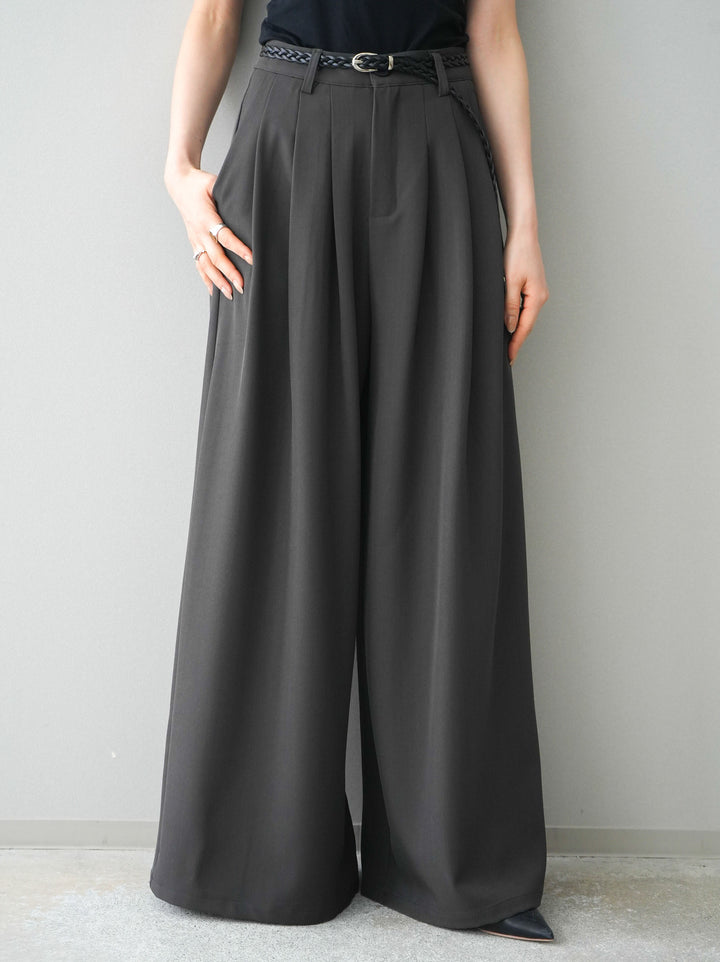 [予約]編み込みベルト付タックワイドパンツ/gray