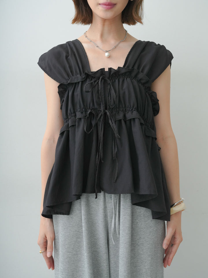 [予約]前後2WAYシャーリングギャザービスチェトップス/black