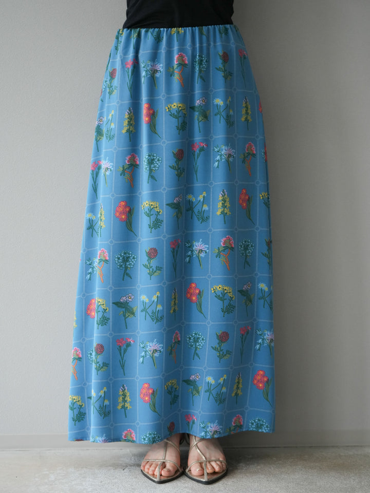 [予約]パッチワークフラワープリントフレアスカート/ブルー