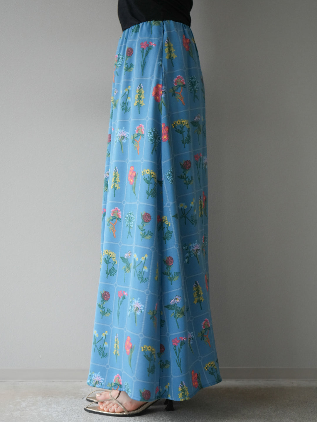 [予約]パッチワークフラワープリントフレアスカート/ブルー
