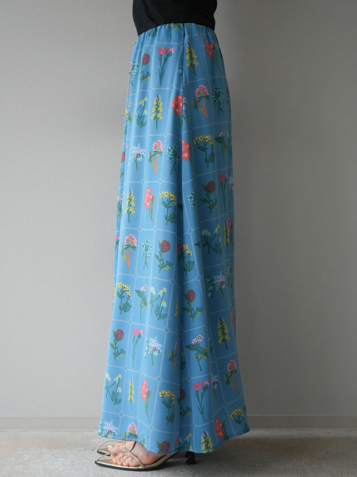 [予約]パッチワークフラワープリントフレアスカート/ブルー