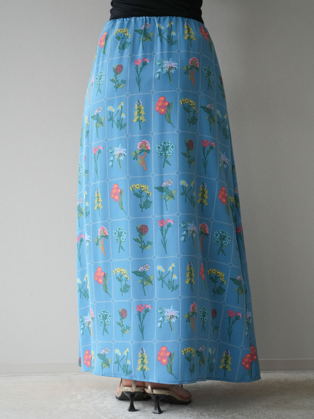 [予約]パッチワークフラワープリントフレアスカート/ブルー