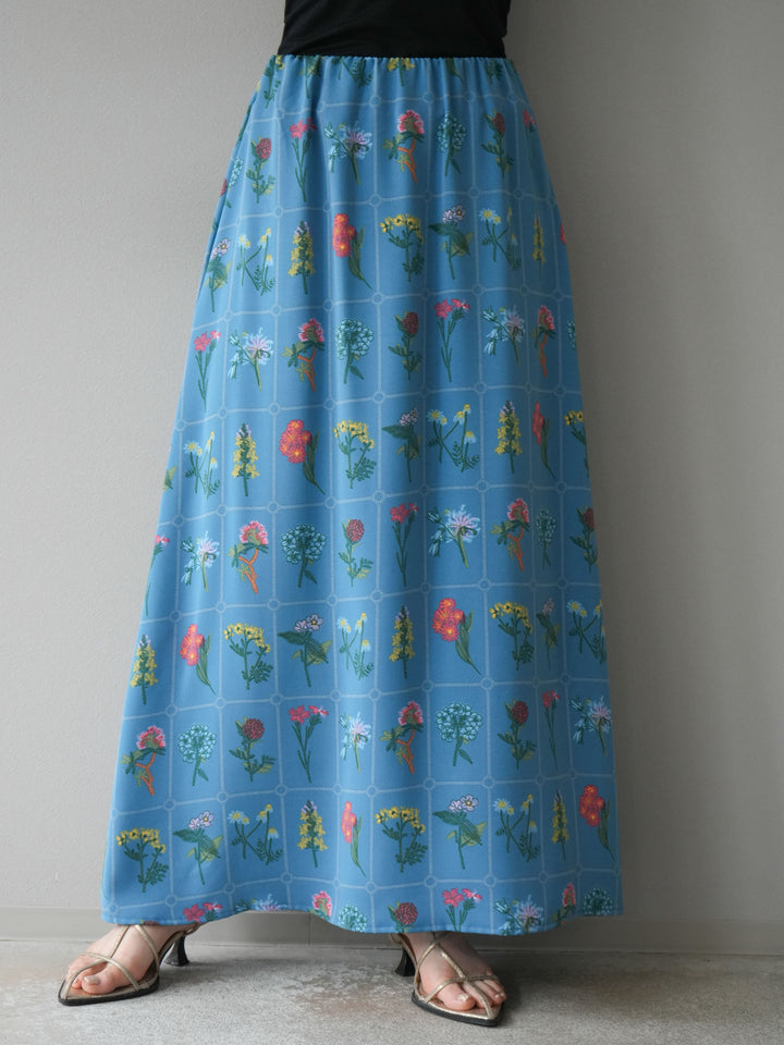 [予約]パッチワークフラワープリントフレアスカート/ブルー