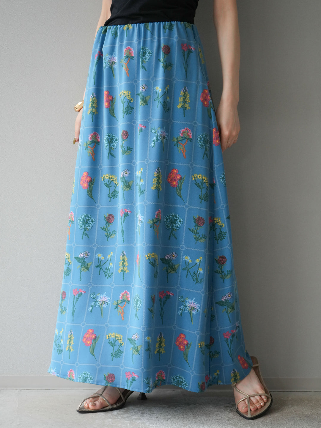 [予約]パッチワークフラワープリントフレアスカート/ブルー