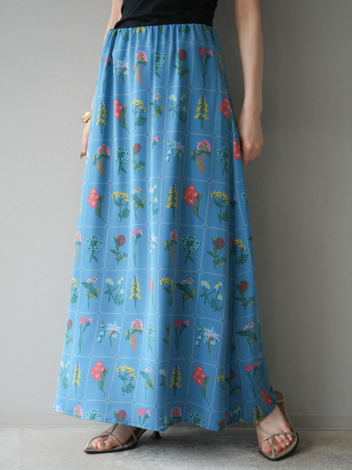 [予約]パッチワークフラワープリントフレアスカート/ブルー