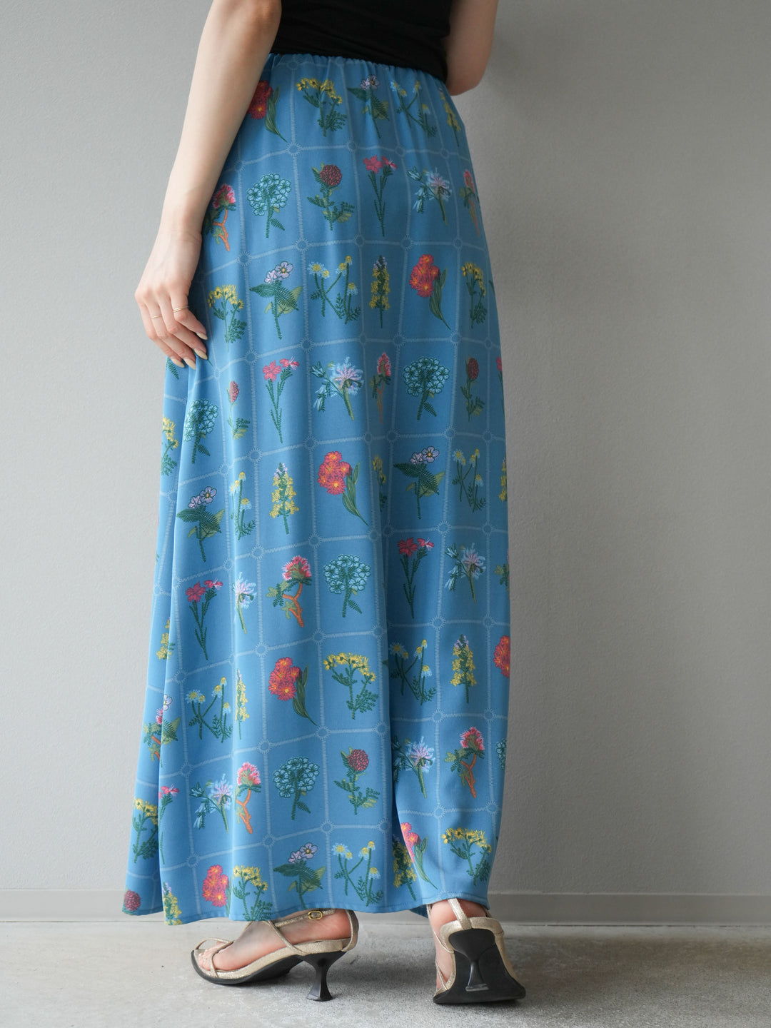 [予約]パッチワークフラワープリントフレアスカート/ブルー