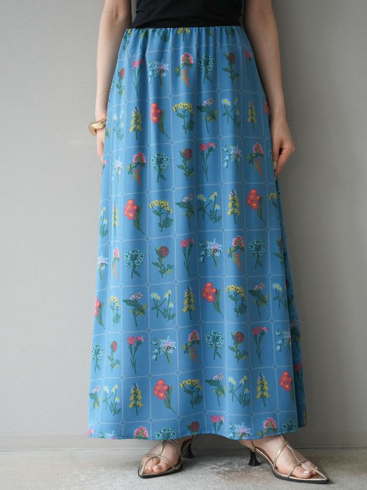 [予約]パッチワークフラワープリントフレアスカート/ブルー