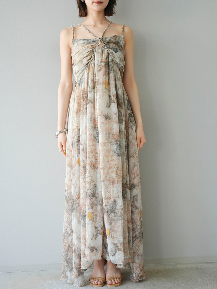 [予約]編み込みショルダーニュアンス柄シフォンワンピース/ベージュ