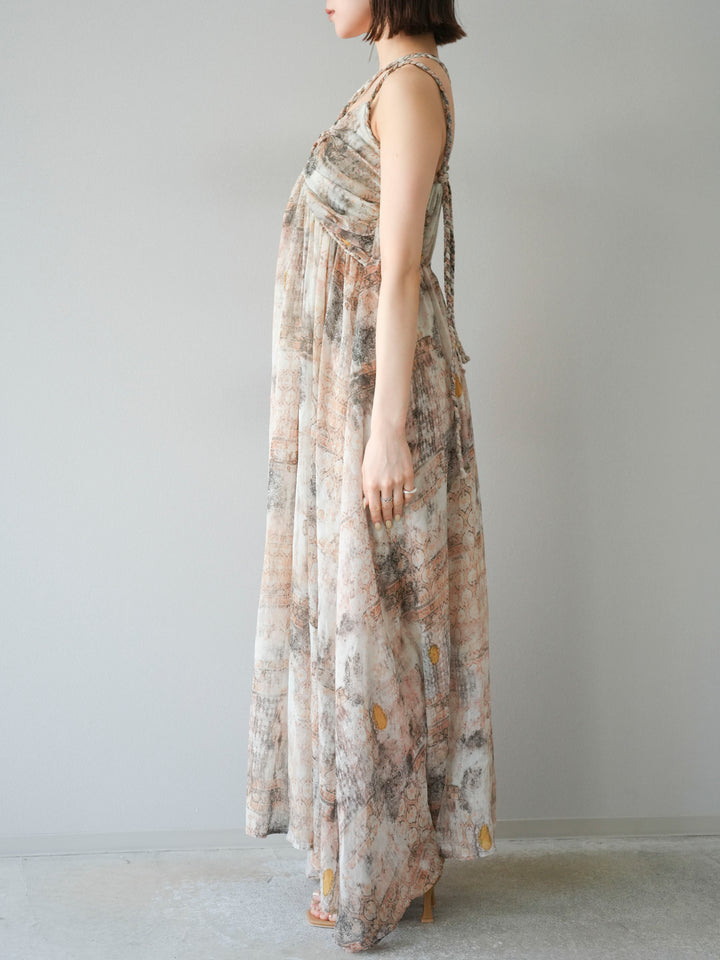 [予約]編み込みショルダーニュアンス柄シフォンワンピース/ベージュ