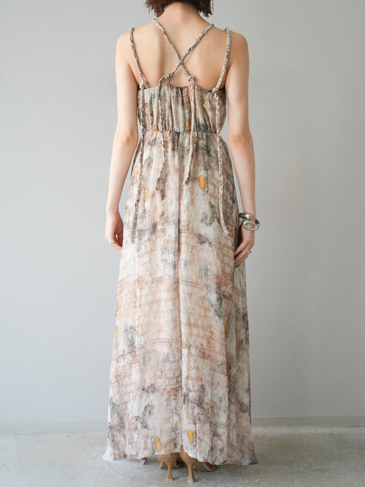 [予約]編み込みショルダーニュアンス柄シフォンワンピース/ベージュ