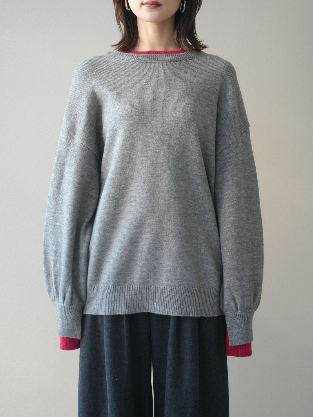 [予約]ヘンリーネック配色レイヤードニットプルオーバー/middlegray