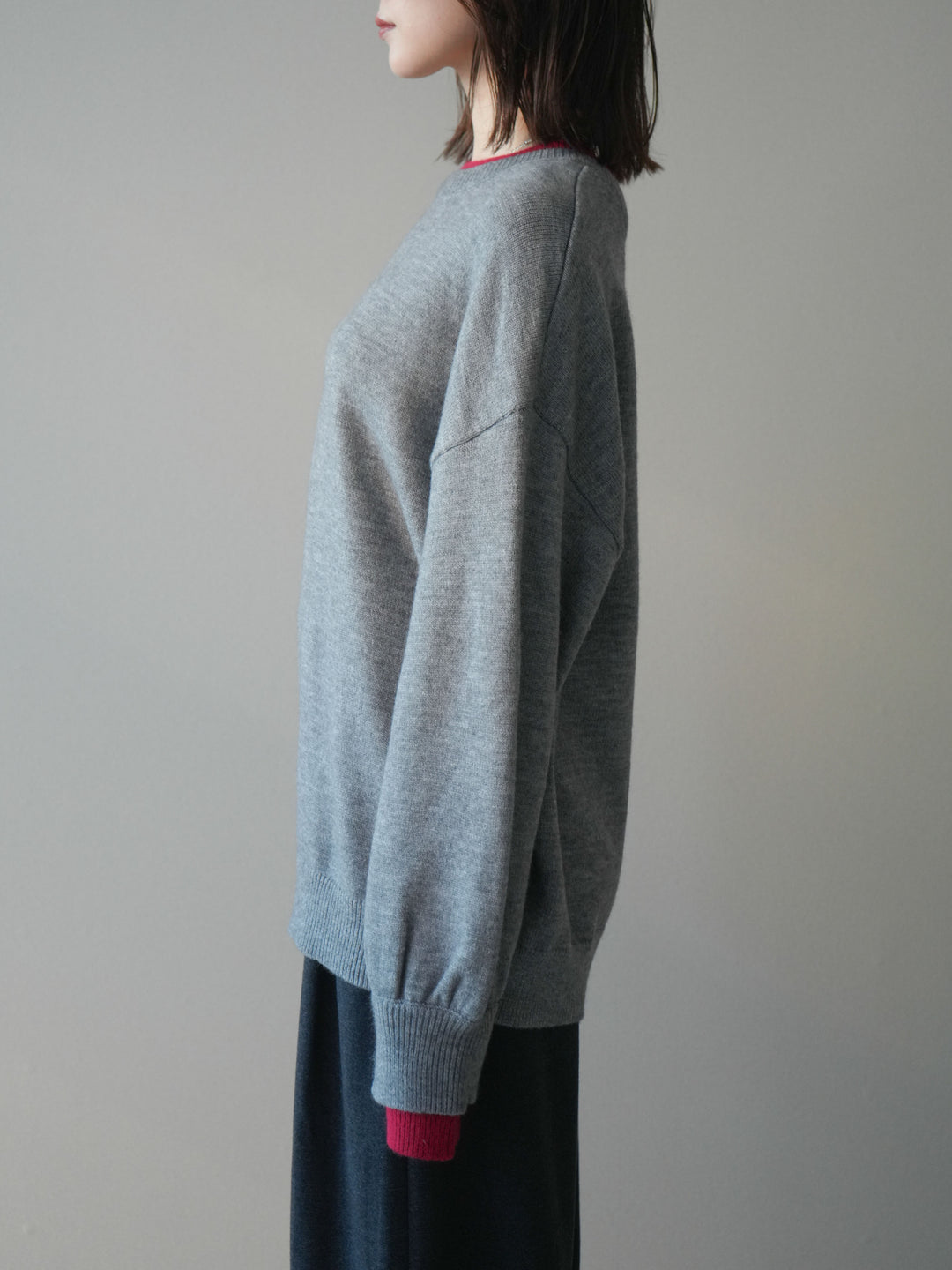 [予約]ヘンリーネック配色レイヤードニットプルオーバー/middlegray