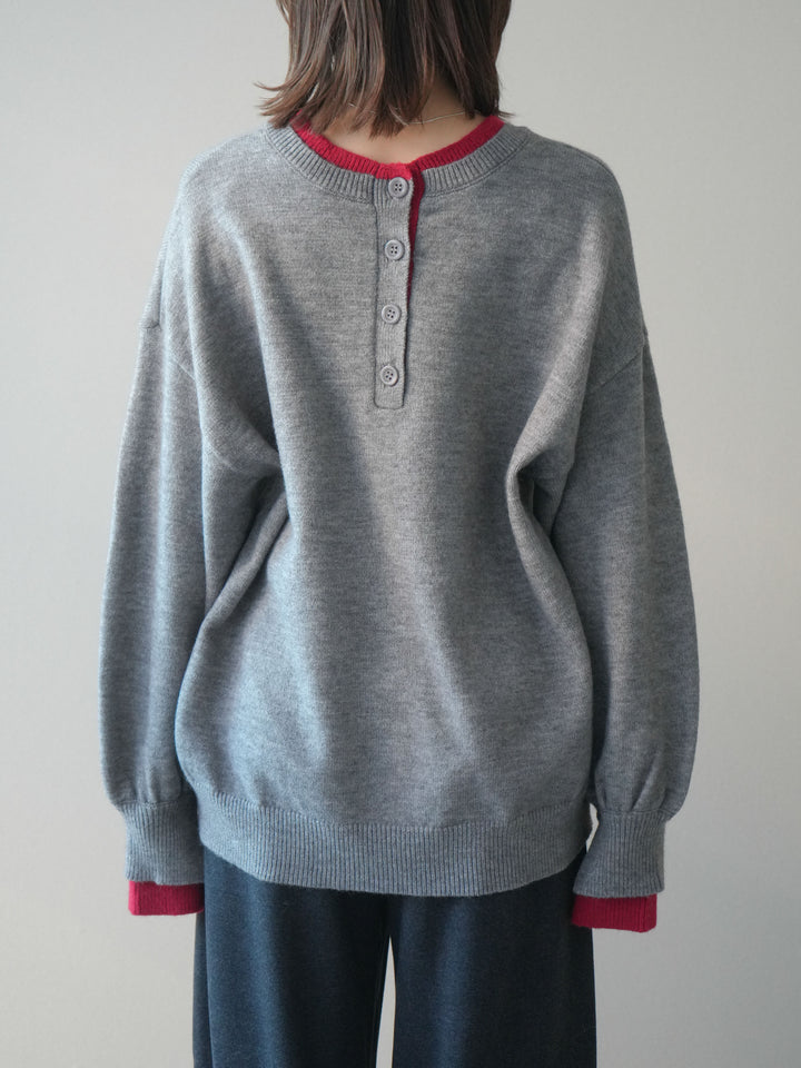 [予約]ヘンリーネック配色レイヤードニットプルオーバー/middlegray