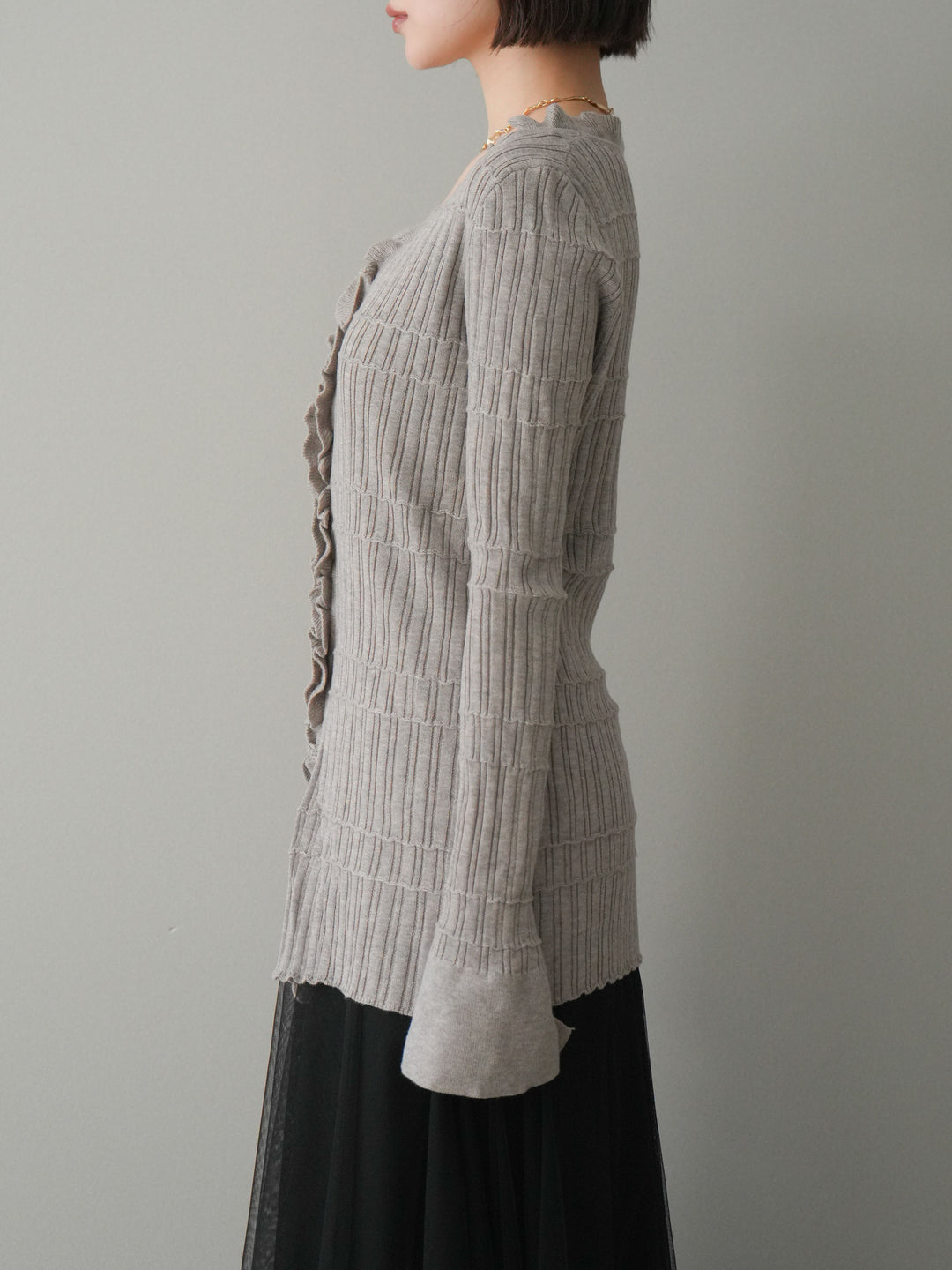 [予約]フロントフリルリブニットカーディガン/greige