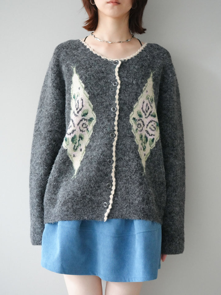 [予約]アンティークフラワージャガードニットカーディガン/charcoal