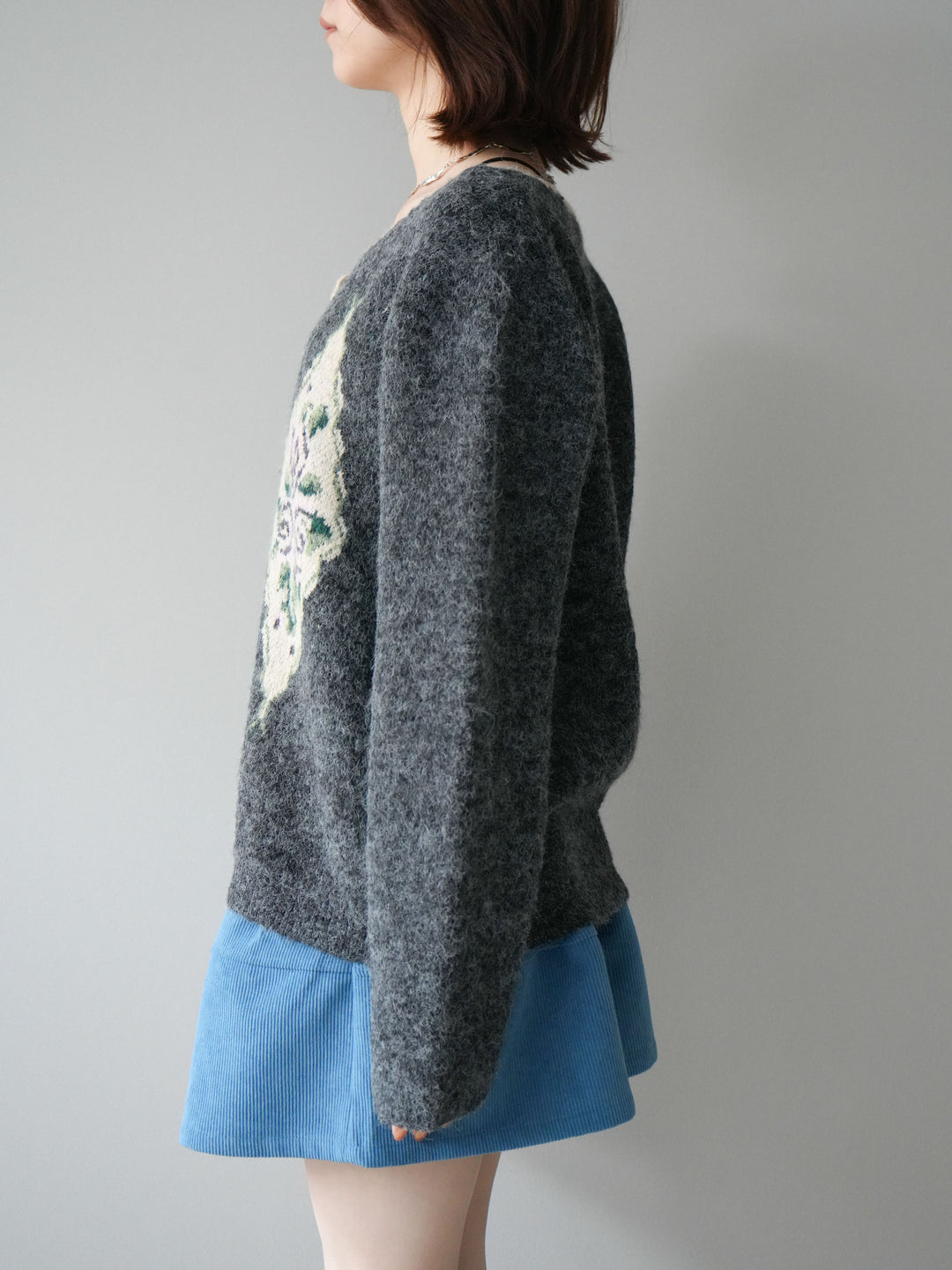[予約]アンティークフラワージャガードニットカーディガン/charcoal