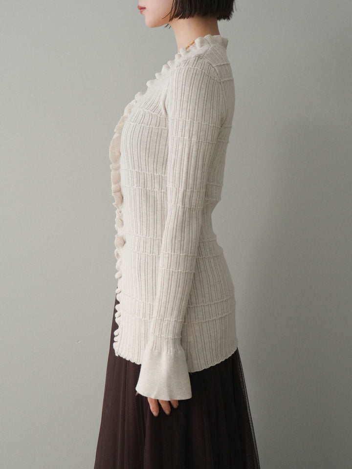 [予約]フロントフリルリブニットカーディガン/beige