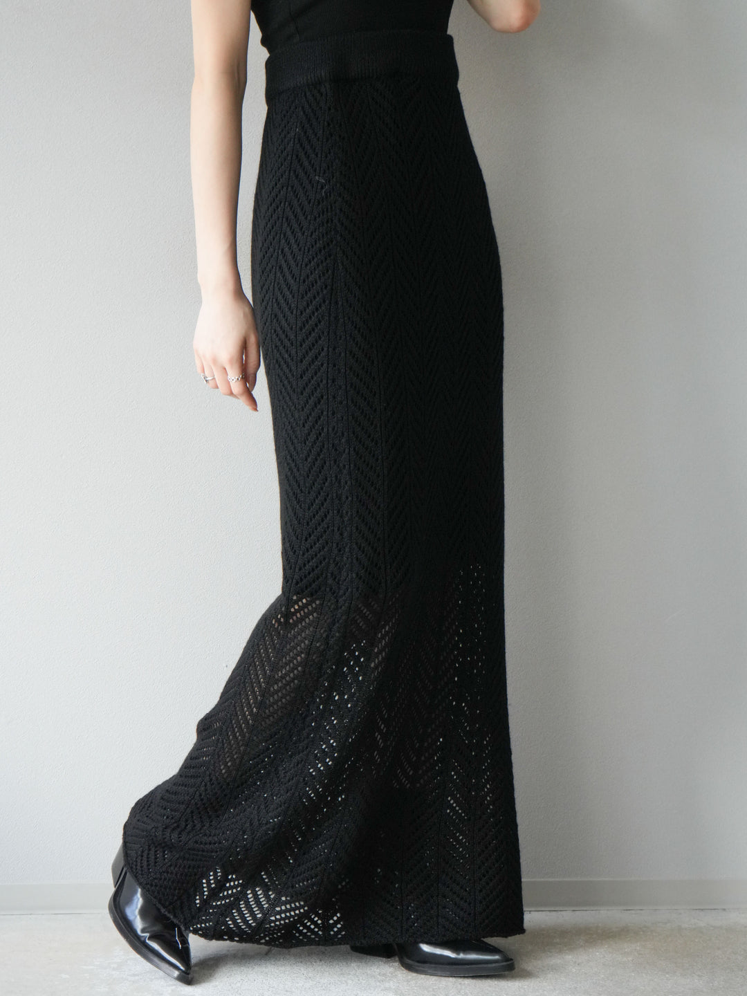[予約]透かし編みニットスカート/ブラック