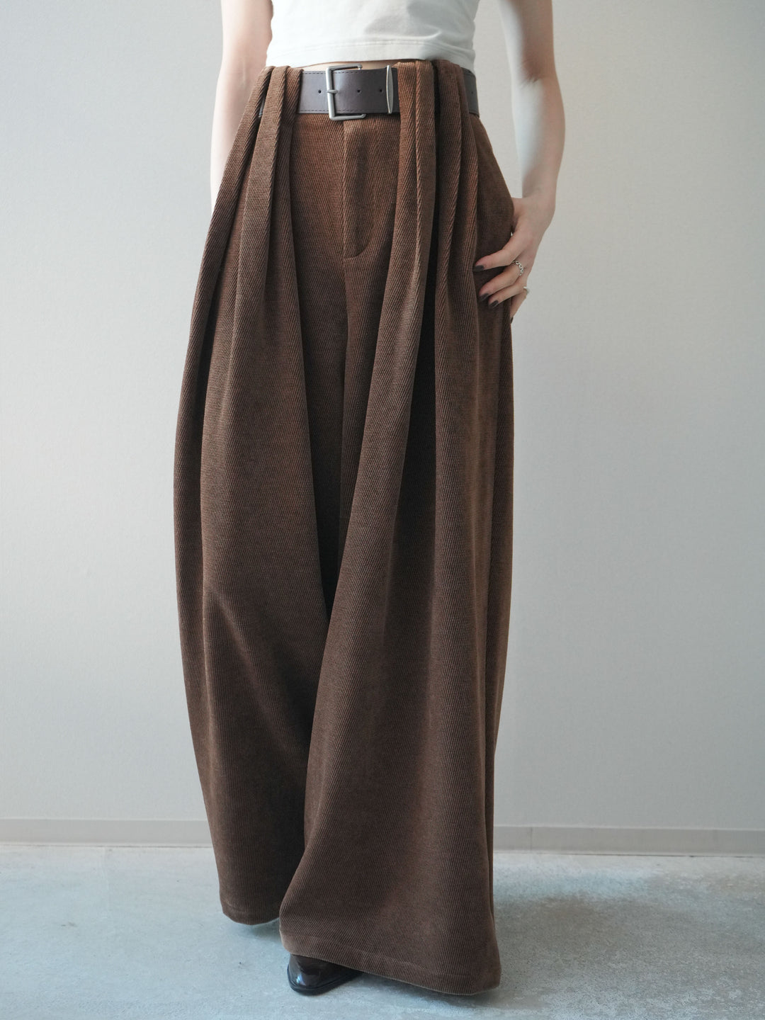 [予約]ベルトデザインループコールテンワイドパンツ(ベルト付き)/camel