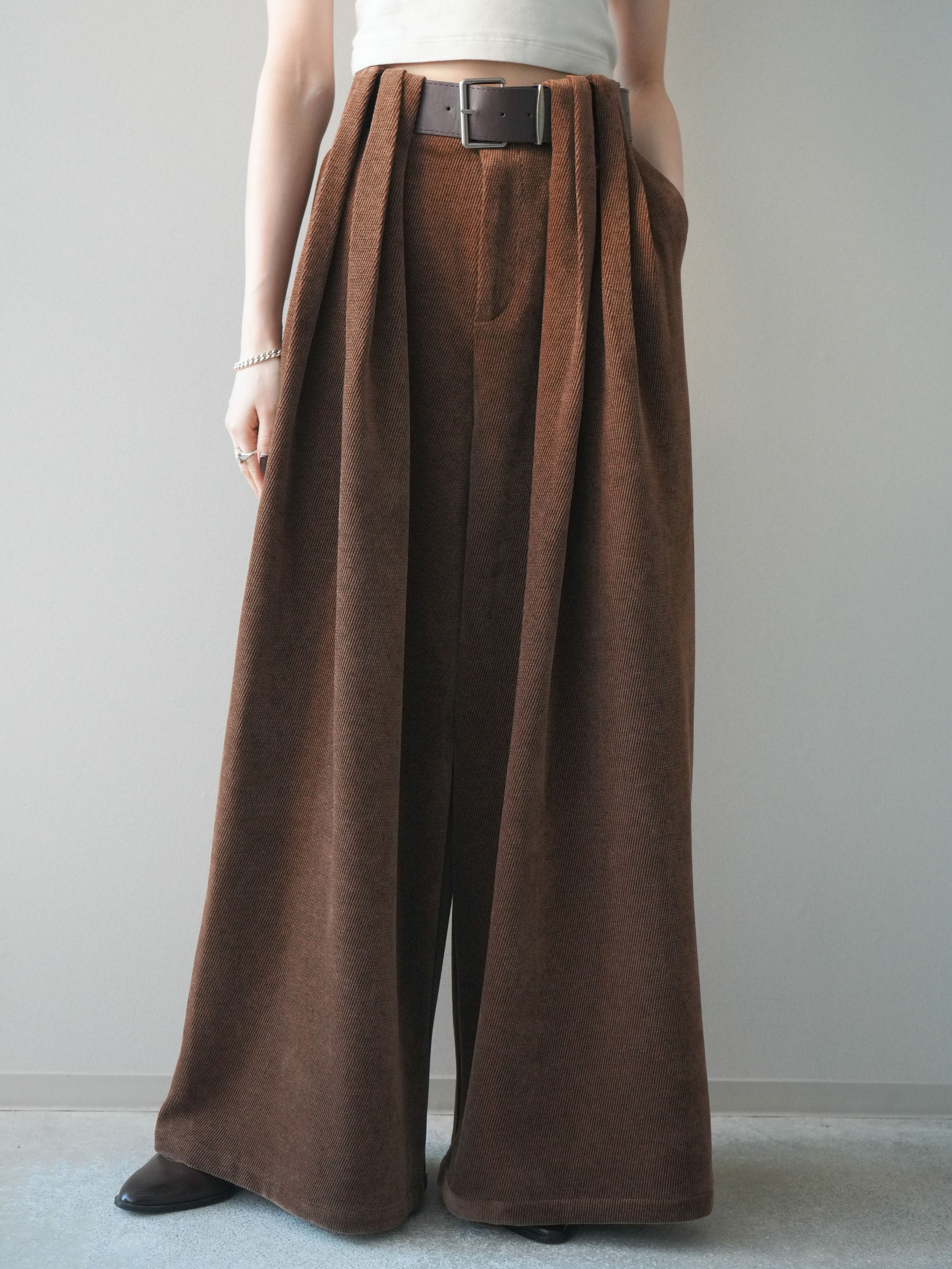 予約]ベルトデザインループコールテンワイドパンツ(ベルト付き)/camel