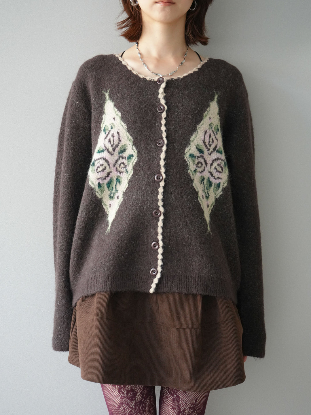 [予約]アンティークフラワージャガードニットカーディガン/brown