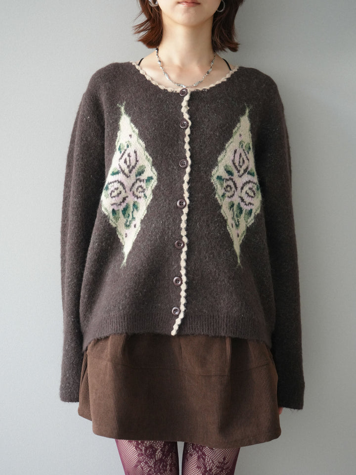 [予約]アンティークフラワージャガードニットカーディガン/brown