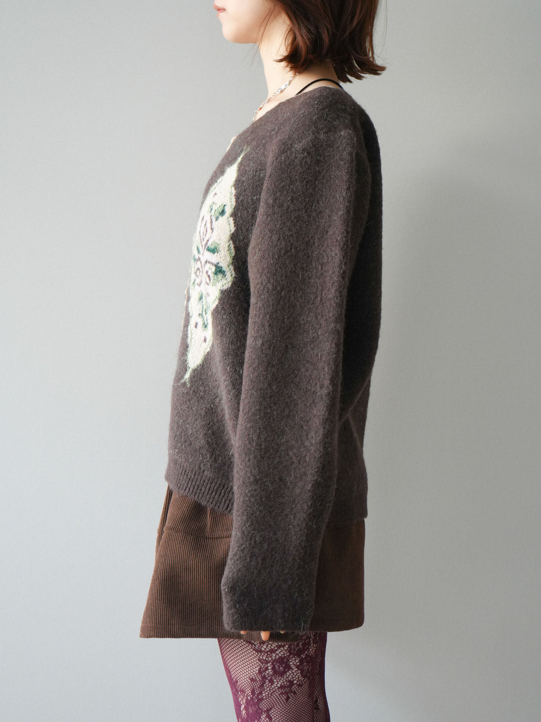 [予約]アンティークフラワージャガードニットカーディガン/brown