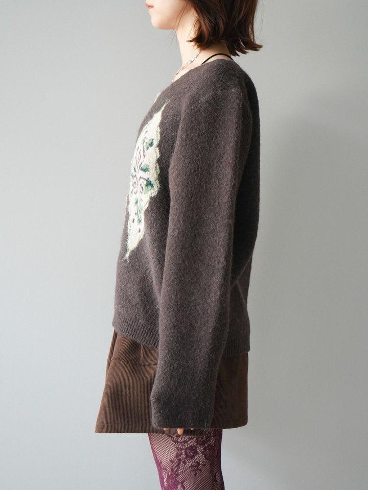 [予約]アンティークフラワージャガードニットカーディガン/brown