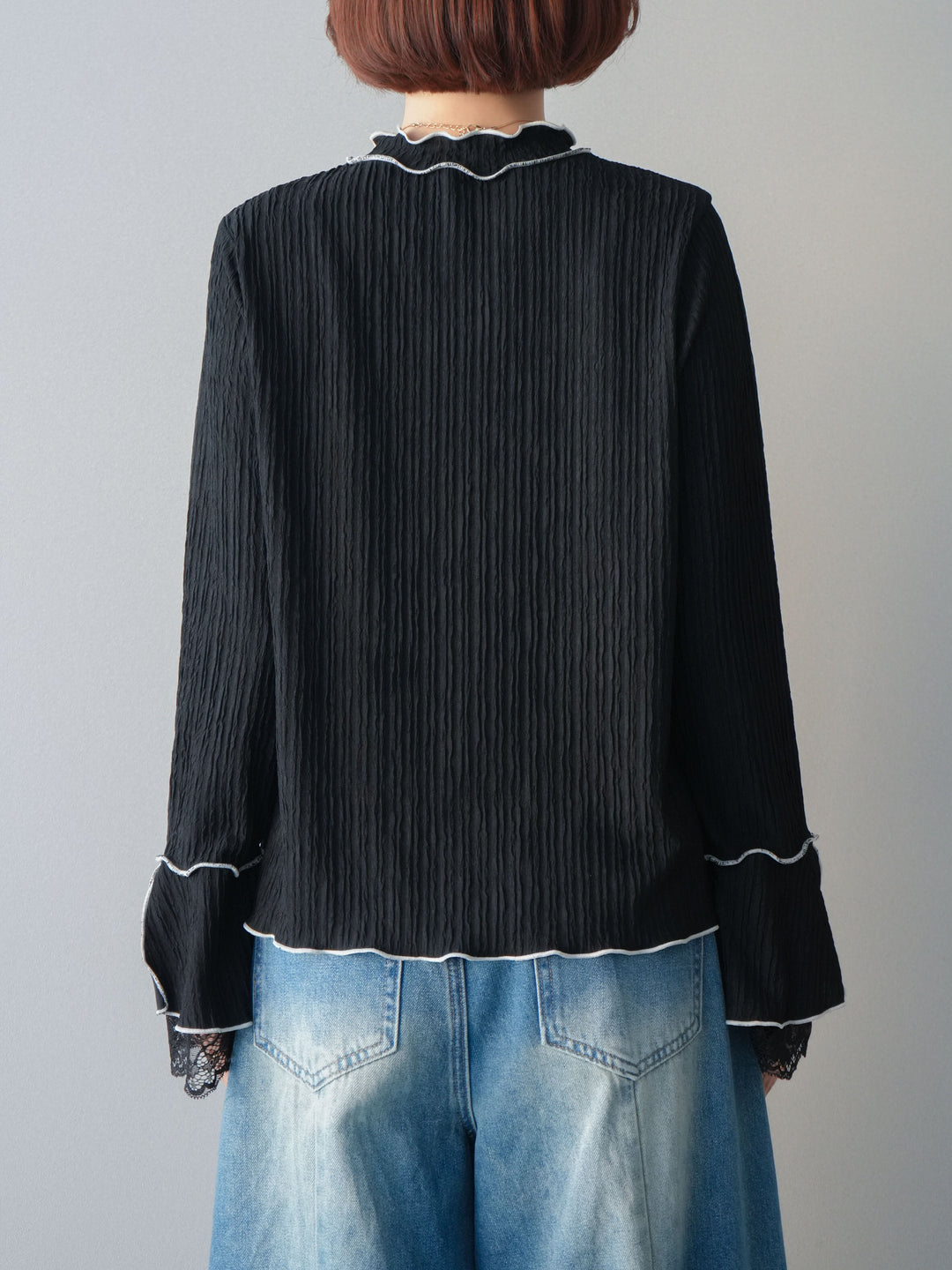 [予約]袖レース楊柳メロートップス/black