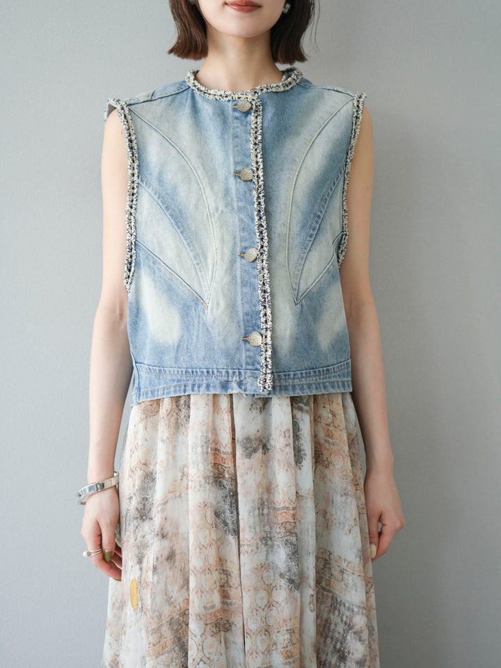 [予約]ツイードデザインデニムベスト/ライトブルー