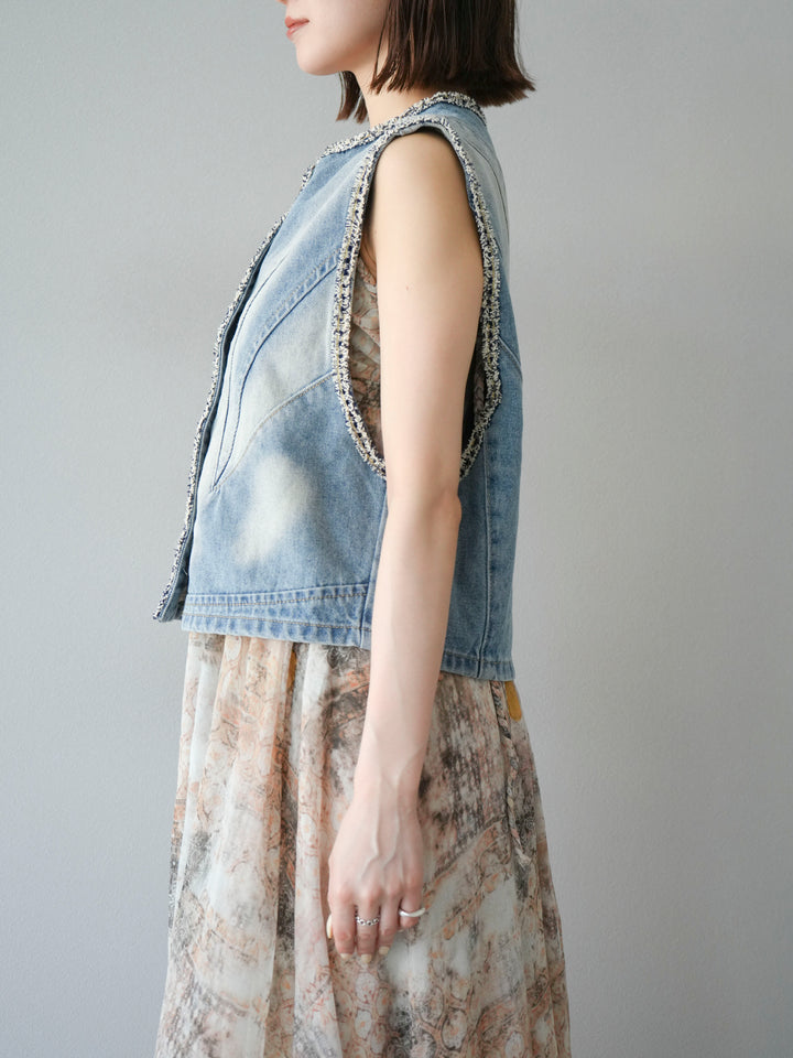 [予約]ツイードデザインデニムベスト/ライトブルー