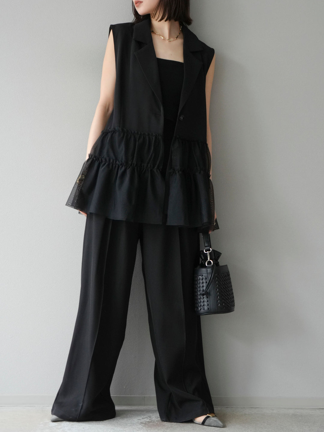 [予約]チュールフリルテーラードジレ/ブラック