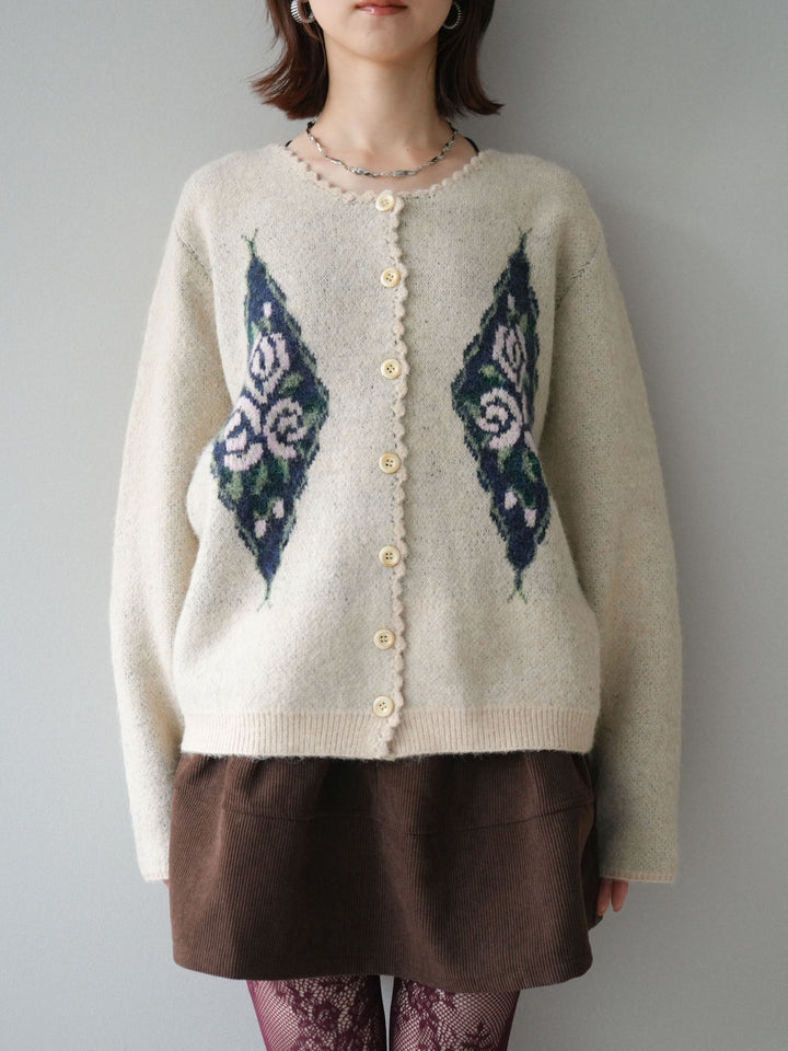 [予約]アンティークフラワージャガードニットカーディガン/ivory