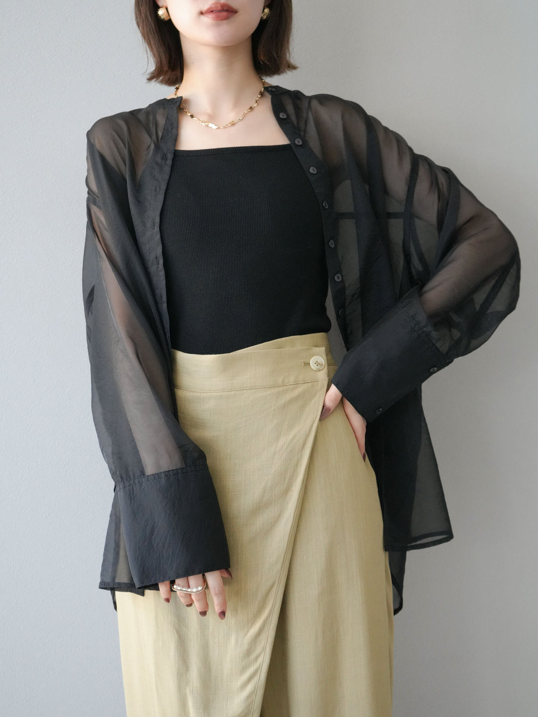 [SET] 亮面透視立領襯衫 + 亮面透視立領襯衫 (2 件套)