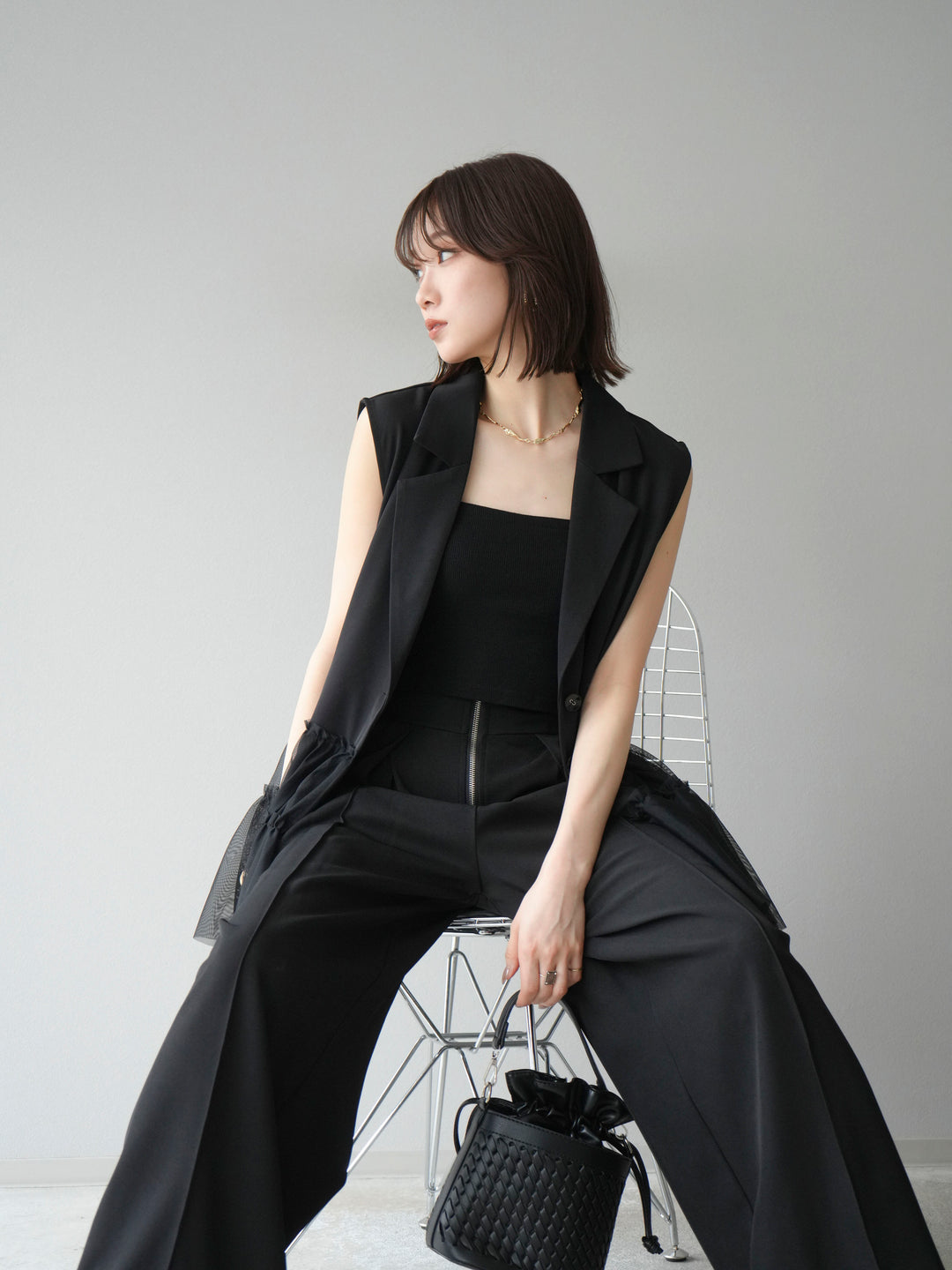 [予約]チュールフリルテーラードジレ/ブラック