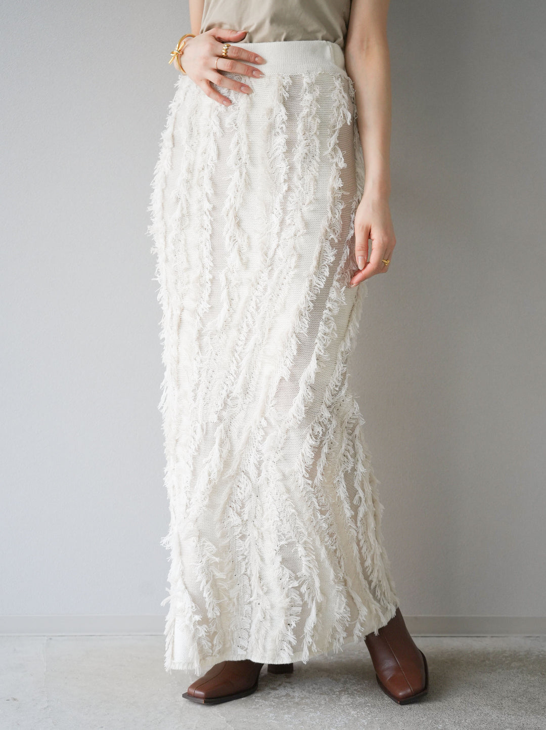 [予約]ミックスフリンジニットスカート/アイボリー