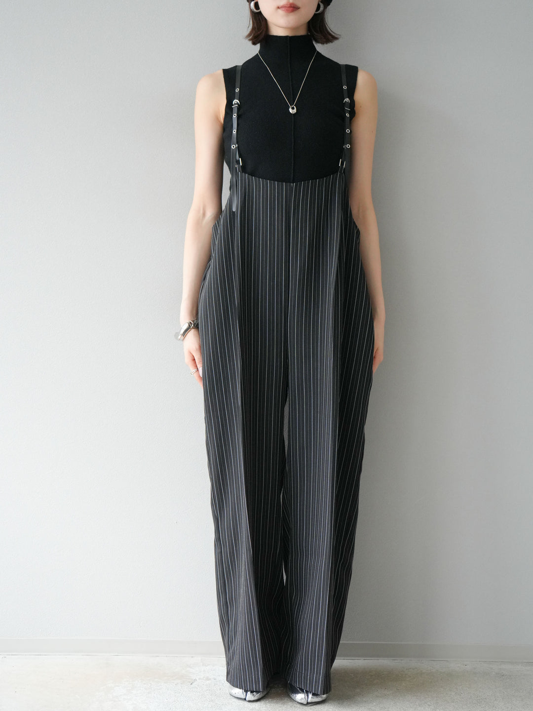 [予約]ヘリンボーンストライプサロペット/ブラック