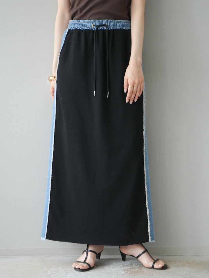 [予約]デニムドッキングスウェットスカート/ブラック